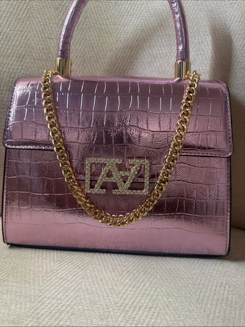 Source Unknown Metallic Pink Croc-Embossed Top Handle Satchel with Gold Chain